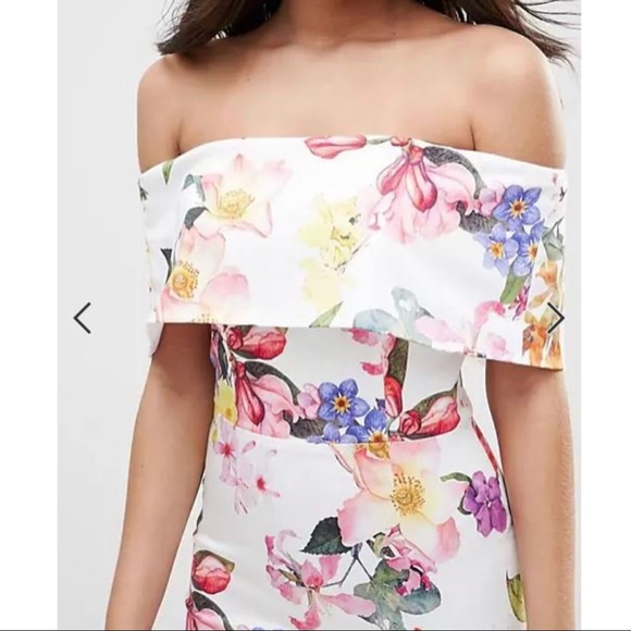 ASOS Deep Fold Bardot Off The Shoulder Midi Pencil In Bright Tropical Floral - Picture 3 of 5